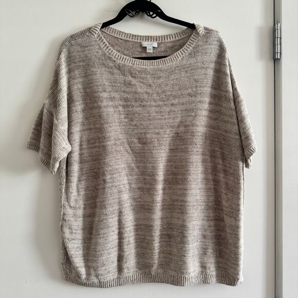 J. Jill Purejill Linen Knit Top Gray Crew Neck Slit Pullover Short Sleeve Sz L - Picture 1 of 6